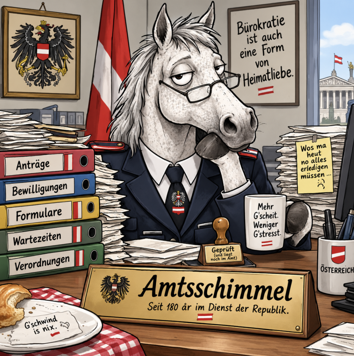 Amtsschimmel: ein Pferd im Beamten-Anzug hinter einem Schreibtisch voller Aktenordner